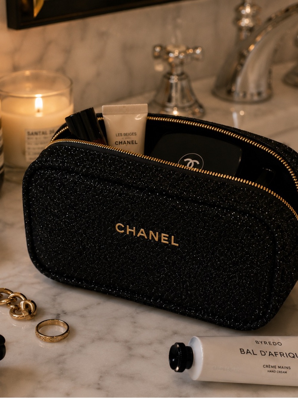 CHANEL Black Glitter Cosmetic Makeup Pouch Gold Zip Travel Case